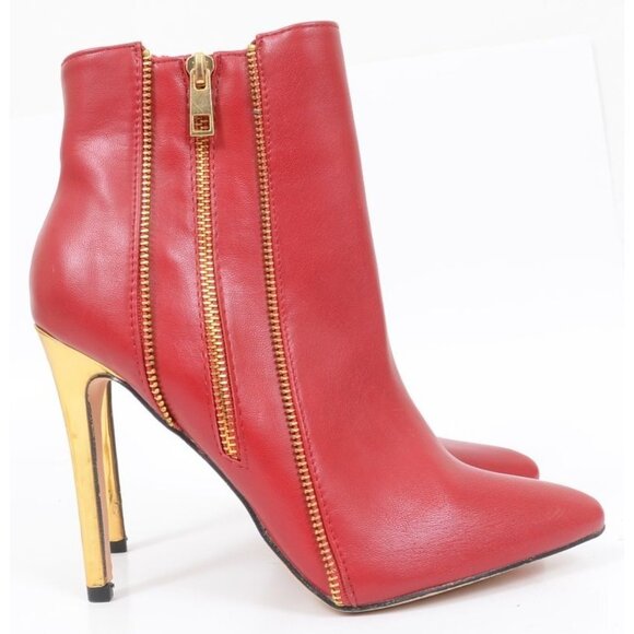 Nicole Miller Zippo Red Gold Stiletto Heel Zippered Ankle Bootie Women's 8.5 - Picture 3 of 7
